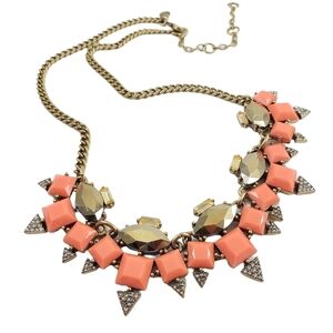 J. Crew art deco statement necklace coral orange stones + rhinestones A0301